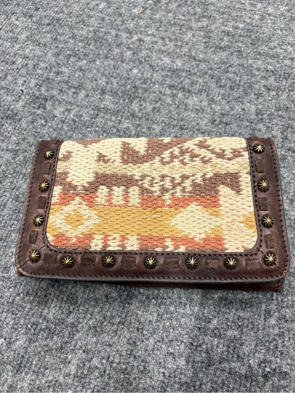 Shyanne Brown Leather with Cream Tan Woven Design Wallet with Star Stud Border